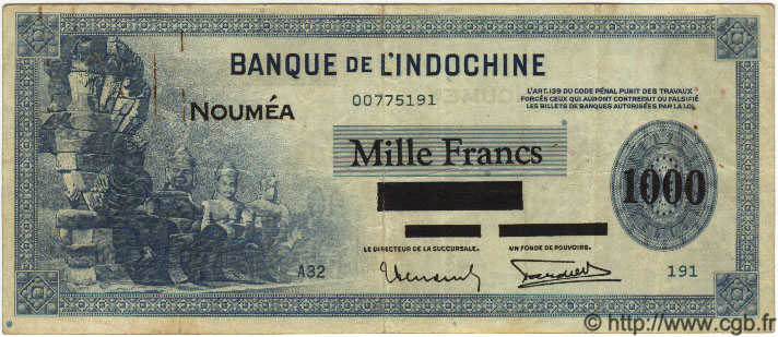 1000 Francs NOUVELLE CALÉDONIE  1943 P.45 VF