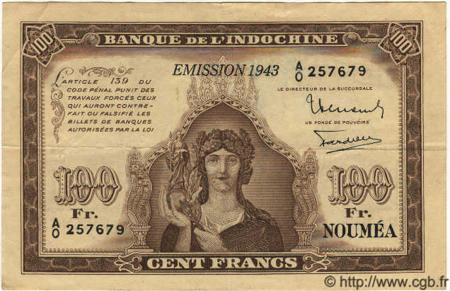 100 Francs NOUVELLE CALÉDONIE  1943 P.46a fVZ