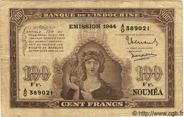 100 Francs NOUVELLE CALÉDONIE  1944 P.46b MB a BB