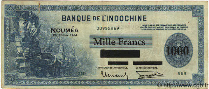 1000 Francs NOUVELLE CALÉDONIE  1944 P.47b TTB