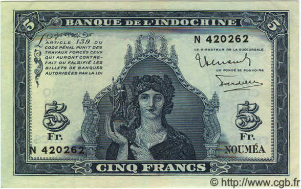 5 Francs NOUVELLE CALÉDONIE  1944 P.48 SC