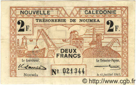 2 Francs NOUVELLE CALÉDONIE  1942 P.53 fVZ to VZ