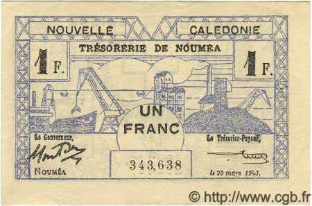 1 Franc NOUVELLE CALÉDONIE  1943 P.55b VZ