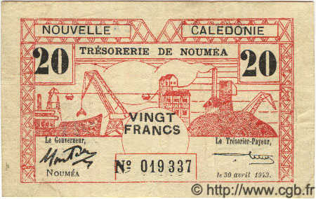 20 Francs NOUVELLE CALÉDONIE  1943 P.57a BC+