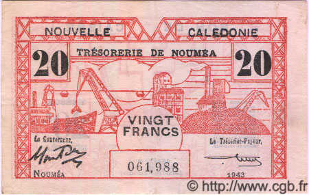 20 Francs NOUVELLE CALÉDONIE  1943 P.57b VF+