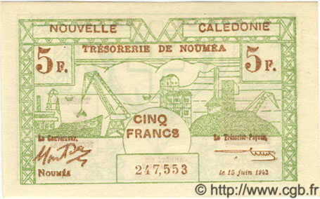 5 Francs NOUVELLE CALÉDONIE  1943 P.58 UNC