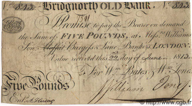 5 Pounds ENGLAND Bridgnorth 1813 G.0417B F