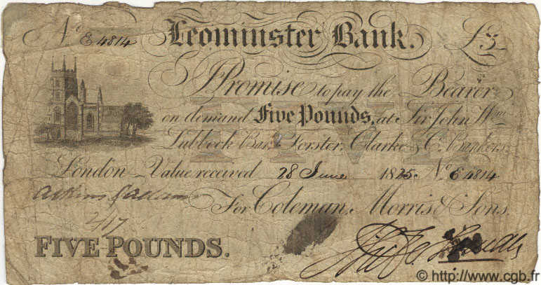 5 Pounds INGLATERRA Leominster 1825 G.1653 RC+