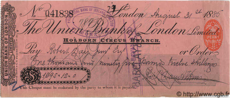 1095 Pounds, 12 Shillings INGLATERRA Londres 1886 P.- EBC