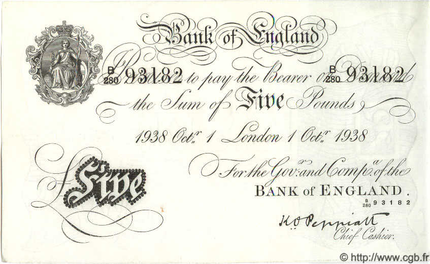 5 Pounds ENGLAND  1938 P.335 UNC-