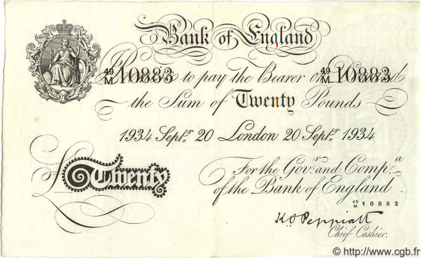 20 Pounds ENGLAND  1934 P.337a XF