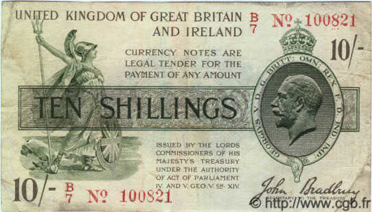 10 Shillings ENGLAND  1919 P.350b F+