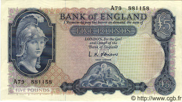5 Pounds ENGLAND  1957 P.371 fST