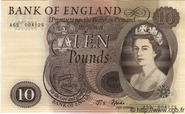 10 Pounds ENGLAND  1967 P.376b AU+