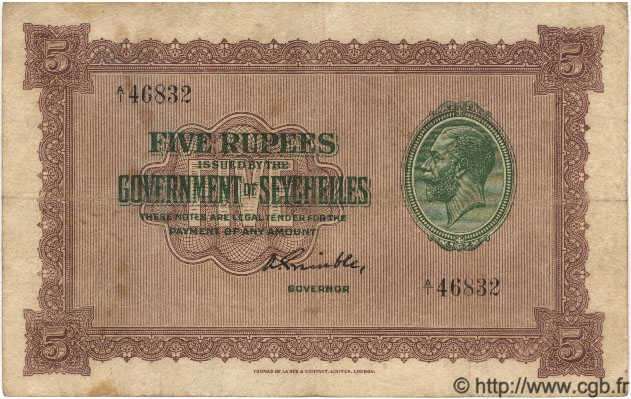 5 Rupees SEYCHELLES  1936 P.03c TB+