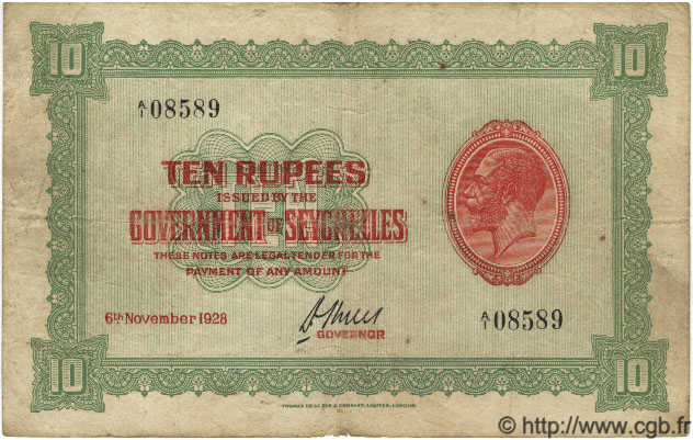 10 Rupees SEYCHELLEN  1928 P.04a SGE to S