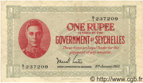 1 Rupee SEYCHELLES  1951 P.07c q.SPL