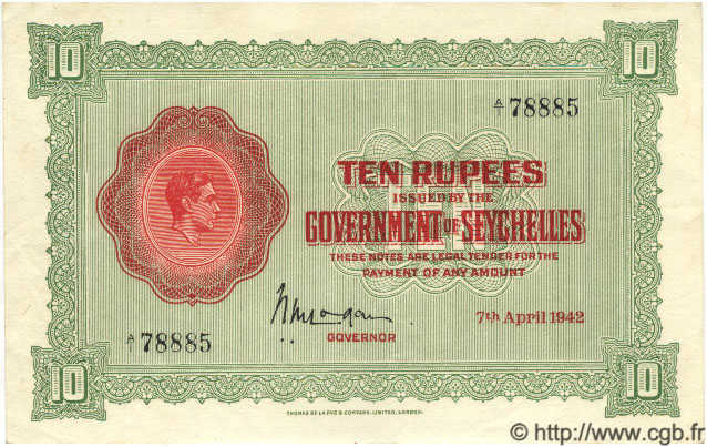 10 Rupees SEYCHELLES  1942 P.09 XF+