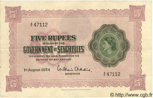 5 Rupees SEYCHELLEN  1954 P.11a fVZ