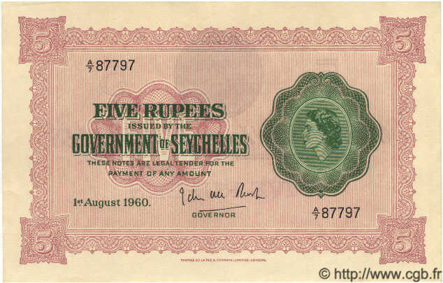5 Rupees SEYCHELLES  1960 P.11b AU