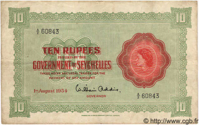 10 Rupees SEYCHELLES  1954 P.12a BB
