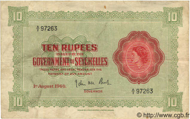 10 Rupees SEYCHELLES  1960 P.12b BC+