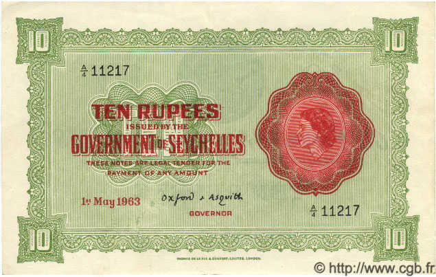 10 Rupees SEYCHELLEN  1963 P.12c fVZ