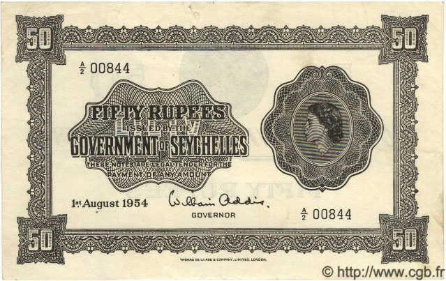 50 Rupees SEYCHELLES  1954 P.13a q.SPL