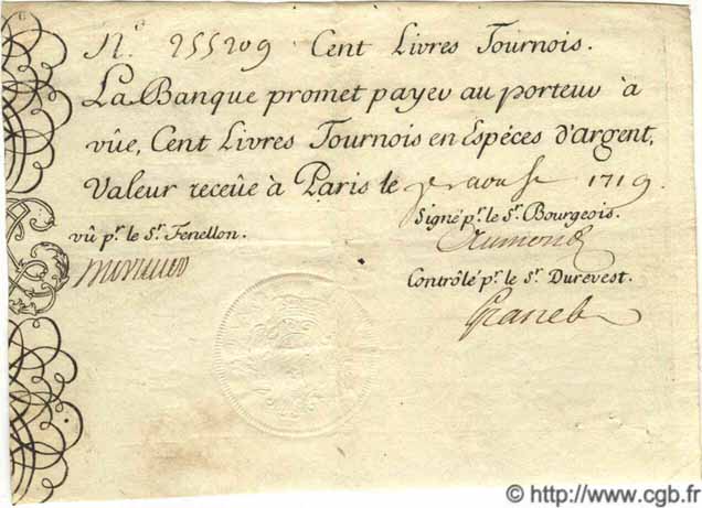 100 Livres Tournois gravé FRANCE  1719 Laf.080 TTB