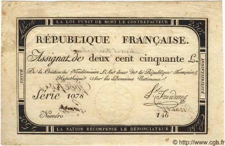 250 Livres Vérificateur FRANCE  1793 Laf.170a TTB+
