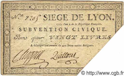 20 Livres FRANCE régionalisme et divers Lyon 1793 Laf.252 TTB