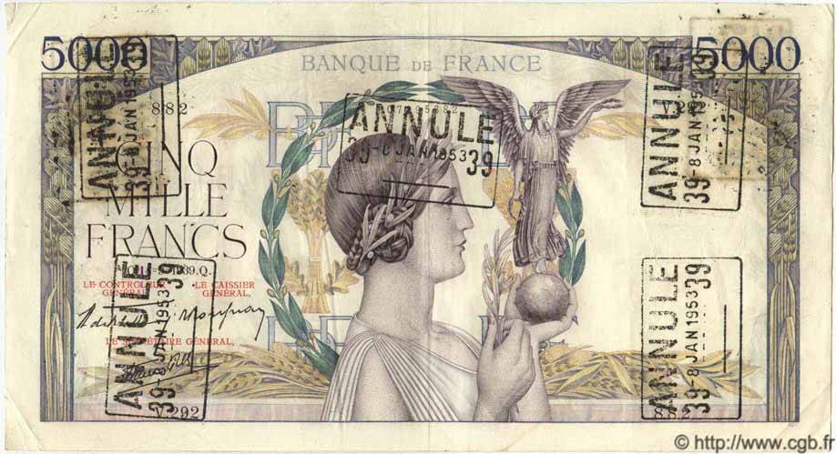 5000 Francs VICTOIRE Impression à plat Annulé FRANCE  1936 F.46.10 TTB