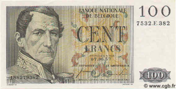 100 Francs BELGIUM  1957 P.129b UNC