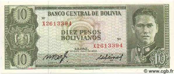 10 Pesos Bolivianos BOLIVIA  1962 P.154 UNC