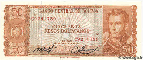 50 Pesos Bolivianos BOLIVIA  1962 P.162 FDC
