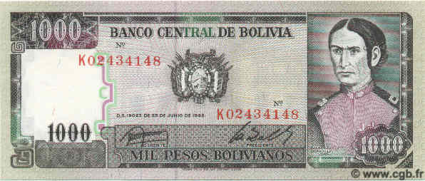 1000 Pesos Bolivianos BOLIVIA  1982 P.167 FDC