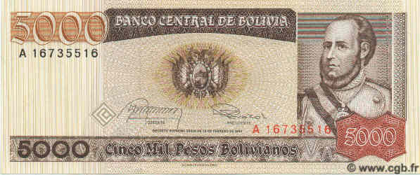5000 Pesos Bolivianos BOLIVIA  1984 P.168 FDC