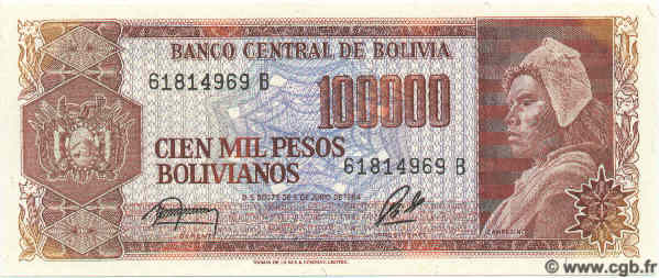 100000 Pesos Bolivianos BOLIVIEN  1984 P.171 ST