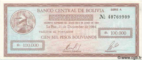 100000 Pesos Bolivianos BOLIVIA  1984 P.188 UNC