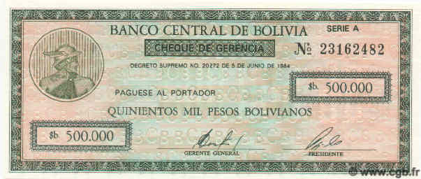 500000 Pesos Bolivianos BOLIVIA  1984 P.189 FDC