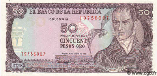50 Pesos Oro KOLUMBIEN  1986 P.425b ST
