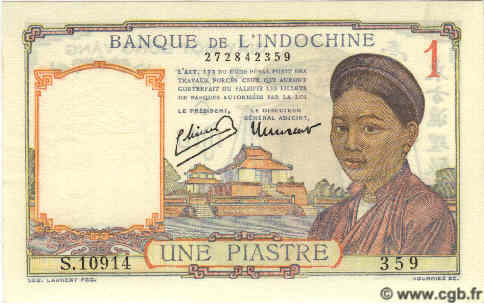 1 Piastre INDOCHINA  1949 P.054d FDC