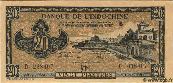 20 Piastres marron INDOCINA FRANCESE  1945 P.071 FDC