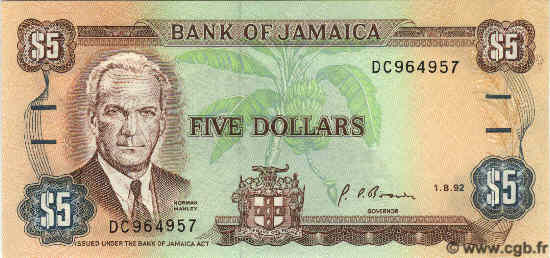 5 Dollars JAMAIKA  1992 P.70d ST