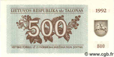500 Talonu LITHUANIA  1992 P.44 UNC