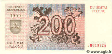 200 Talonu LITHUANIA  1993 P.45 UNC