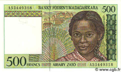 500 Francs - 100 Ariary MADAGASCAR  1994 P.075a UNC