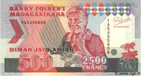 2500 Francs - 500 Ariary MADAGASCAR  1993 P.077 UNC