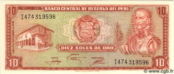 10 Soles de Oro PERú  1976 P.112 FDC