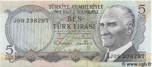 5 Lira TÜRKEI  1970 P.185 ST
